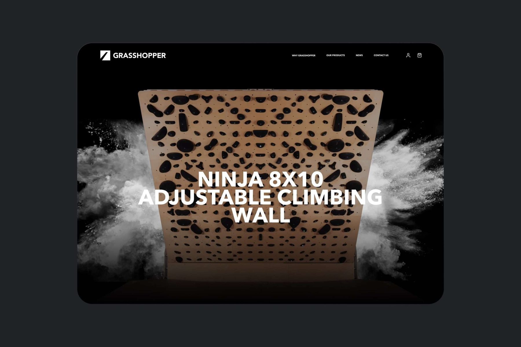 Ninja 8x10 adjustable climbing wall in a burst of chalk