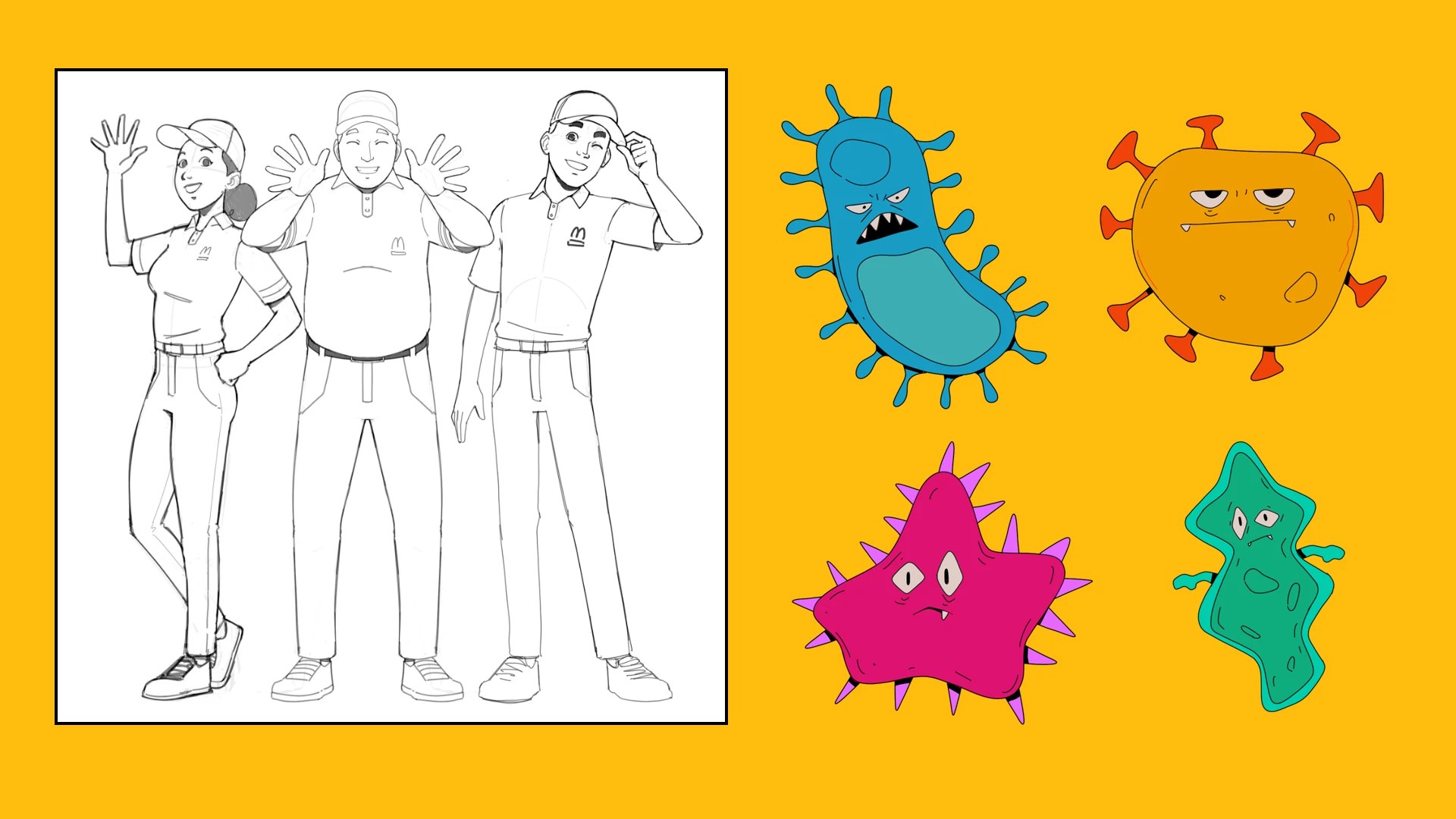 Line-art crew and character concepts