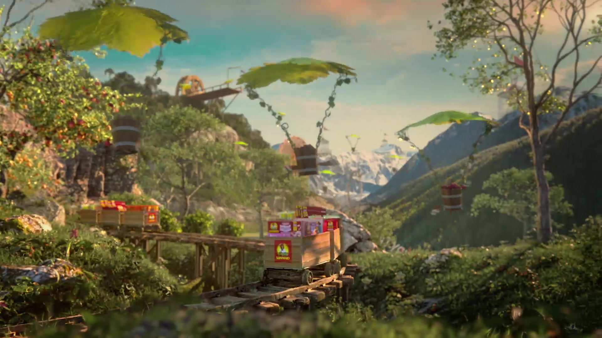 Leaf-parasols glide product through the valley