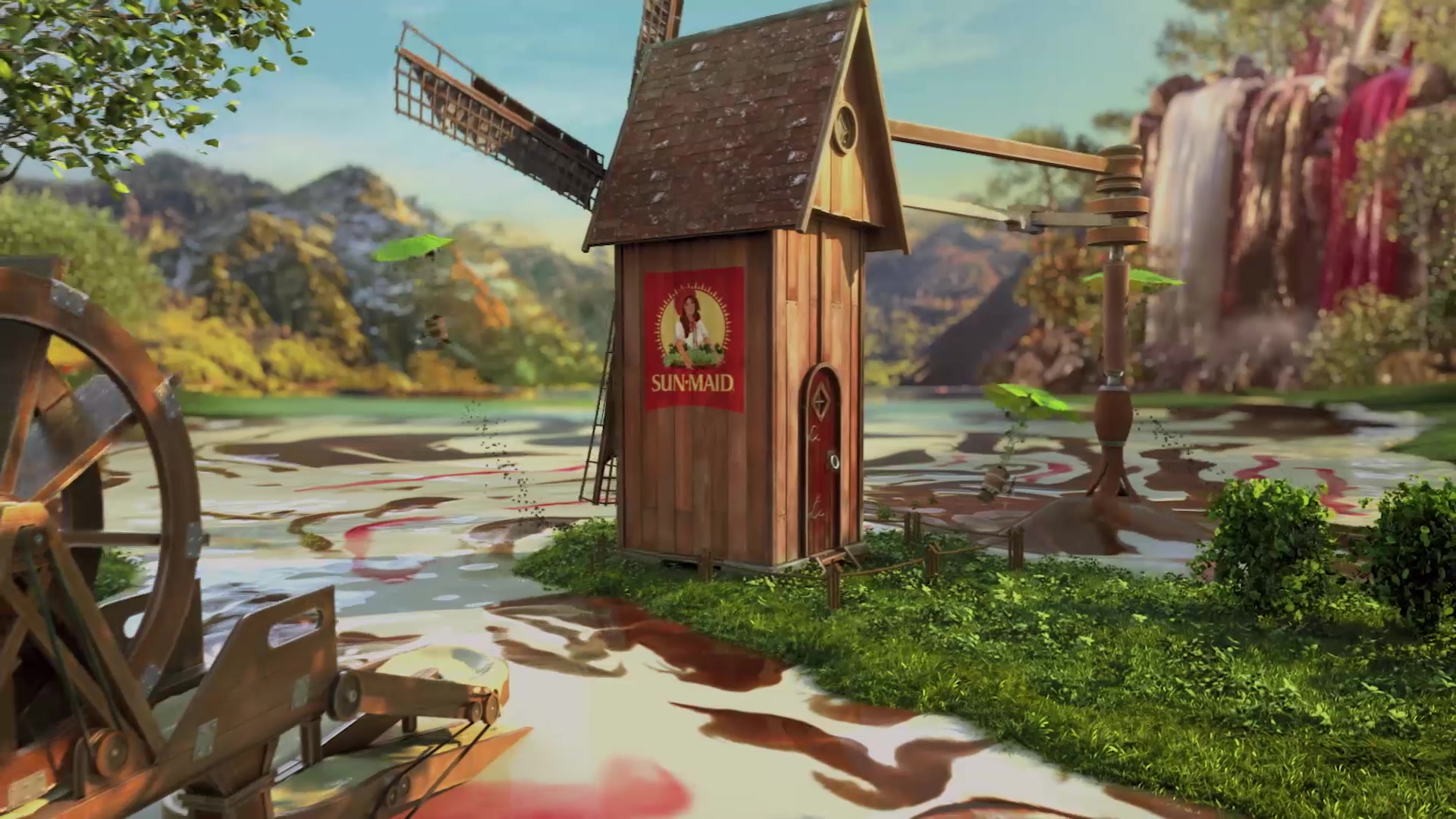A Sun-Maid windmill-house on the water